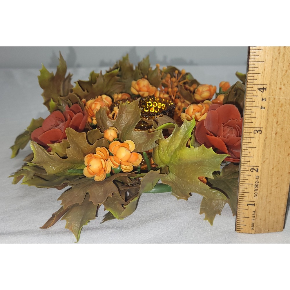 Autumn Floral Candle Ring Fall Decor Orange Brown Amber Holder Vtg Grannycore - Picture 9 of 12
